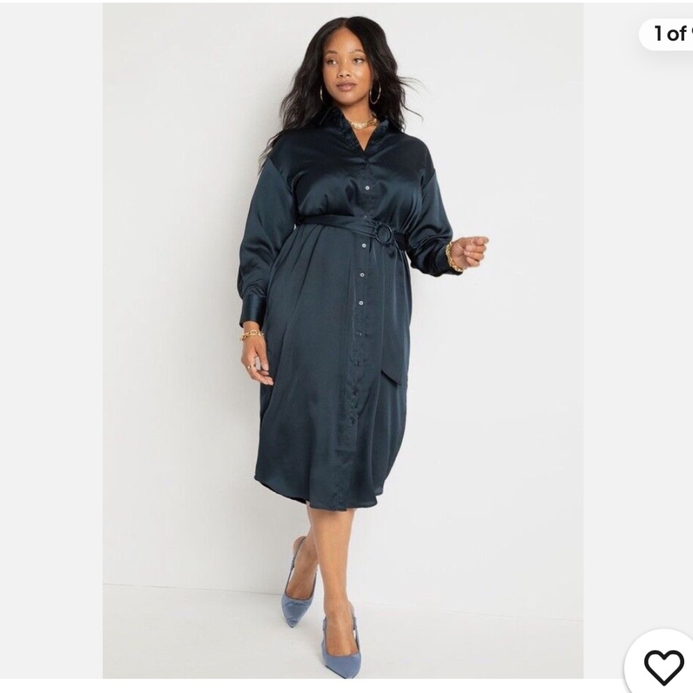 NWT Eloquii Deep Blue Satin Belted Maxi Shirtdress Size 18